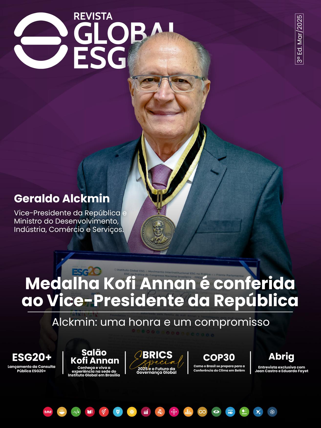 Capa da terceira edição da Revista Global ESG com Geraldo Alckmin usando a Medalha Kofi Annan