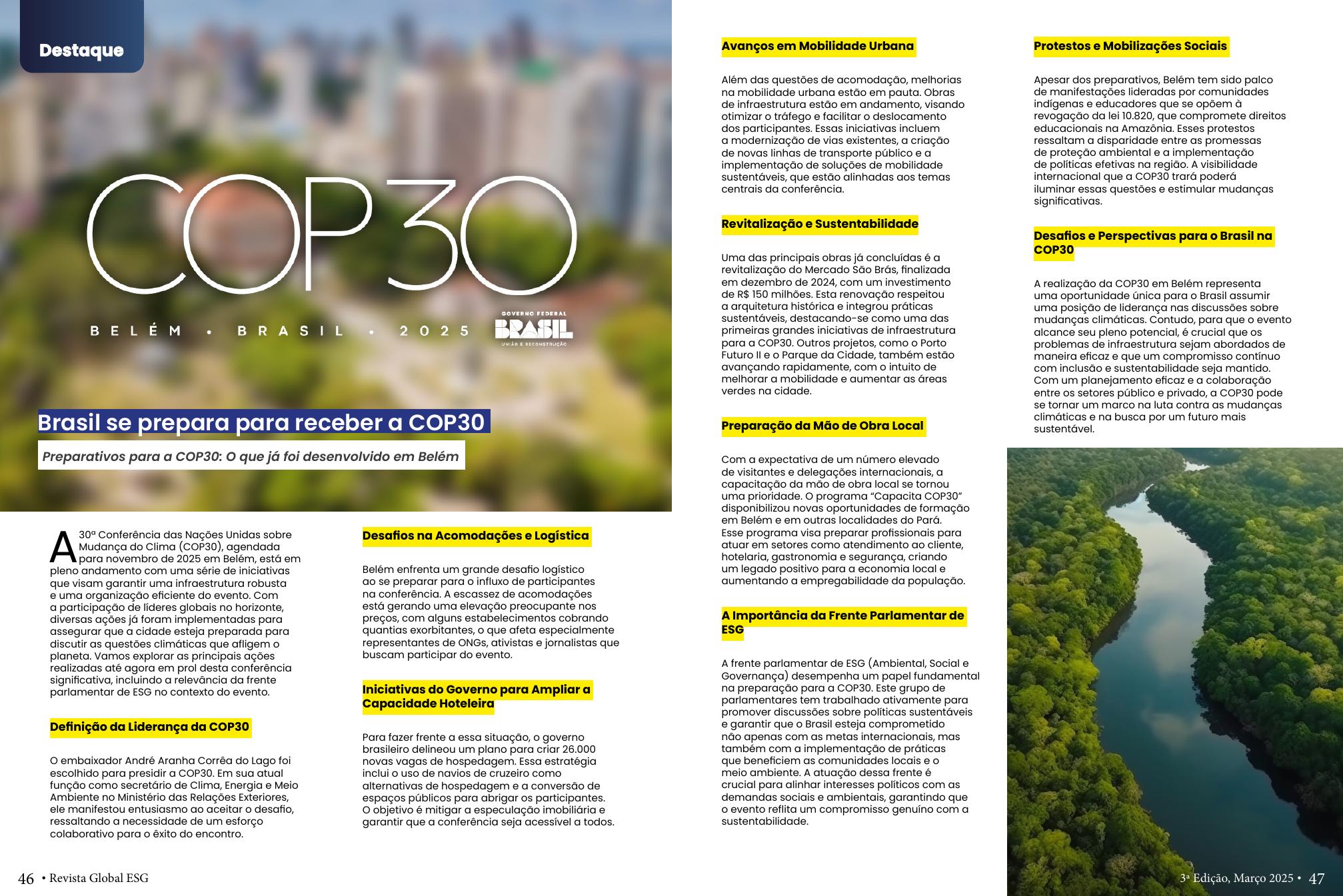 Página da revista sobre a preparação do Brasil para a COP30 em Belém