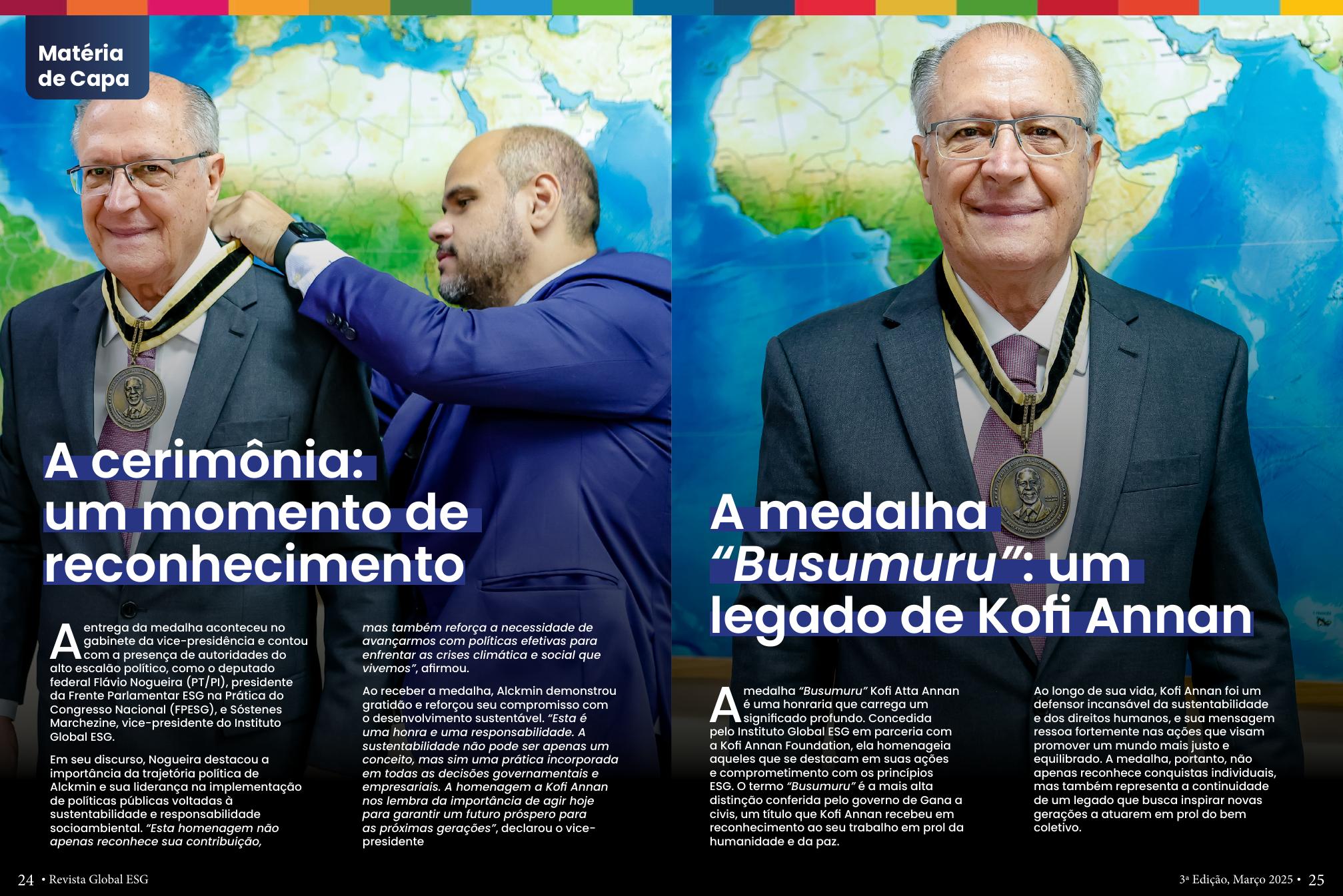 Página da revista sobre a entrega da Medalha Kofi Annan a Geraldo Alckmin
