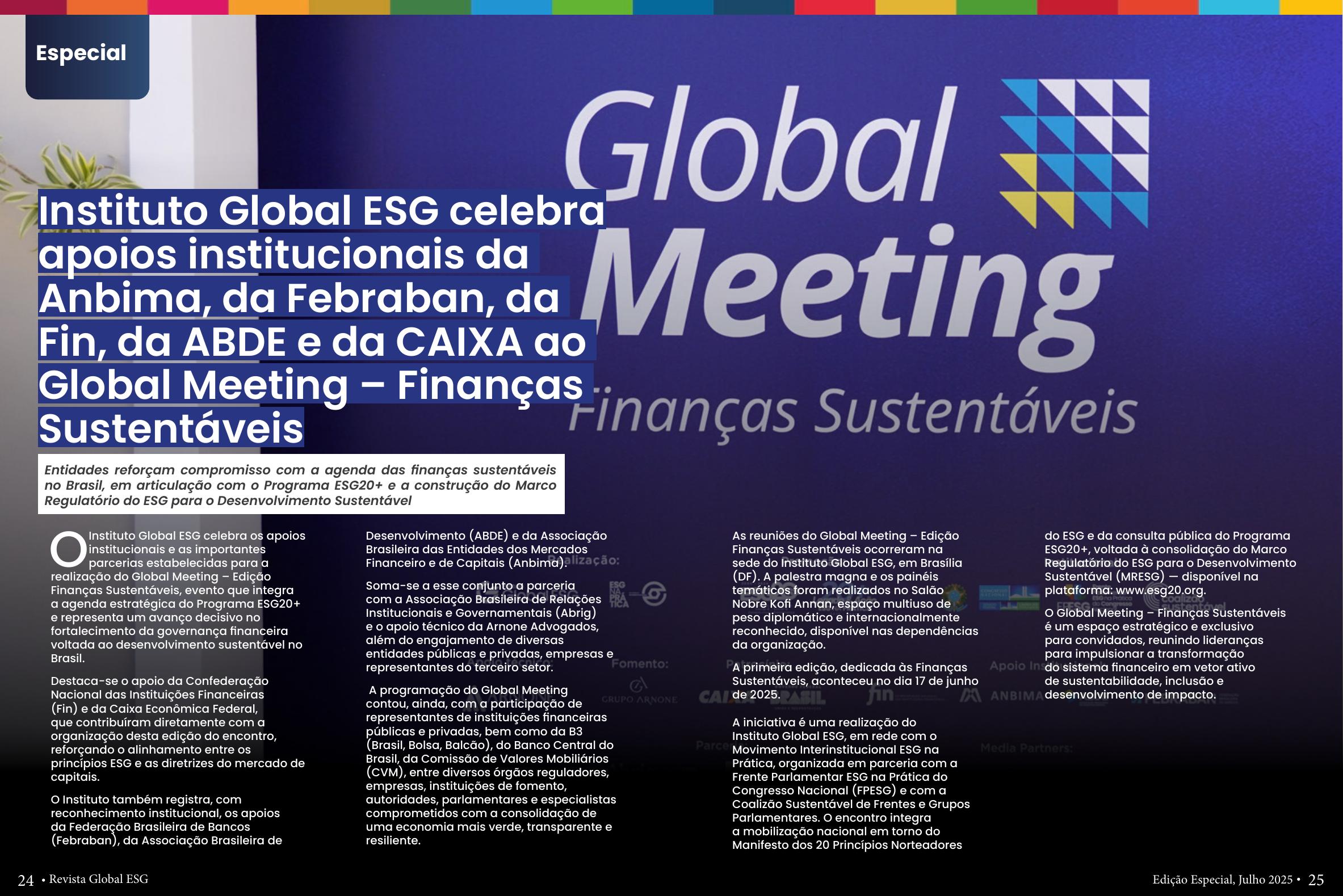 Páginas da revista sobre o Global Meeting — Finanças Sustentáveis