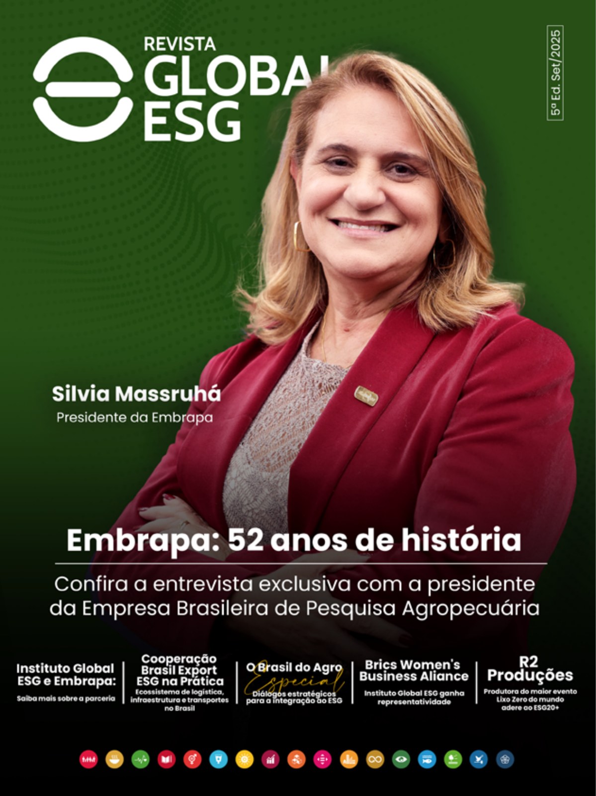 Capa da quinta edição da Revista Global ESG com Silvia Massruhá, presidente da Embrapa
